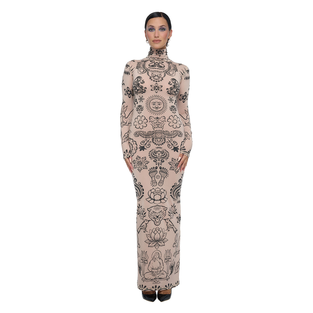 PUSHKA PAINT HIGH ROLL NECK MAXI DRESS