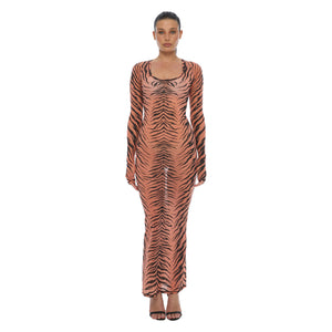 TIBETAN TIGER SCOOP NECK MAXI DRESS