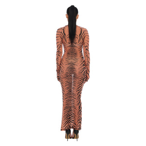 TIBETAN TIGER SCOOP NECK MAXI DRESS